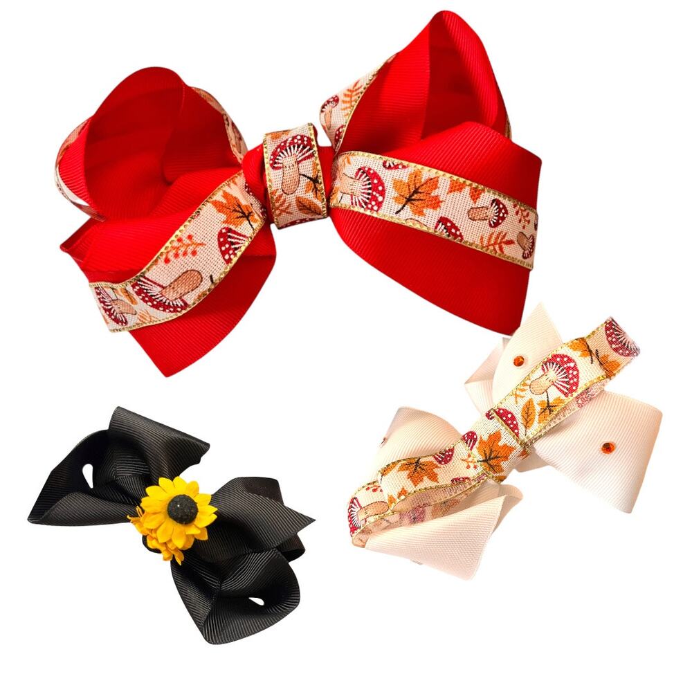 Girls Set of 3 Fall Themed Hair Bows Red White Black Sunflower